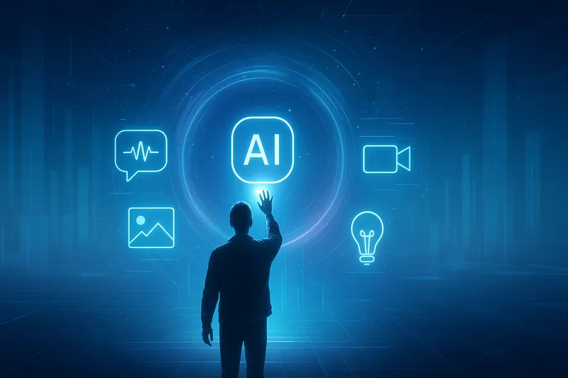 Homem interagindo com interface digital que exibe ícones de inteligência artificial, representando automação e geração de conteúdo visual